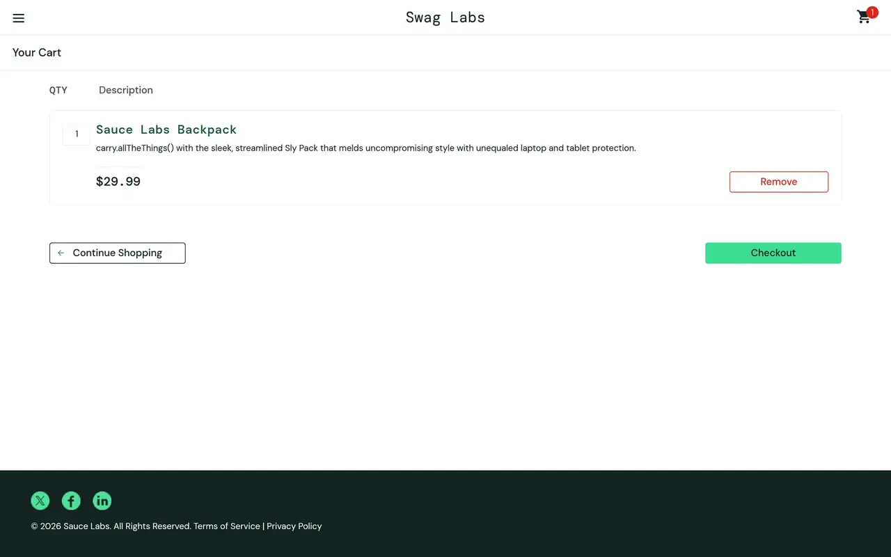 The Swag Labs demo store's cart, with a Checkout button.