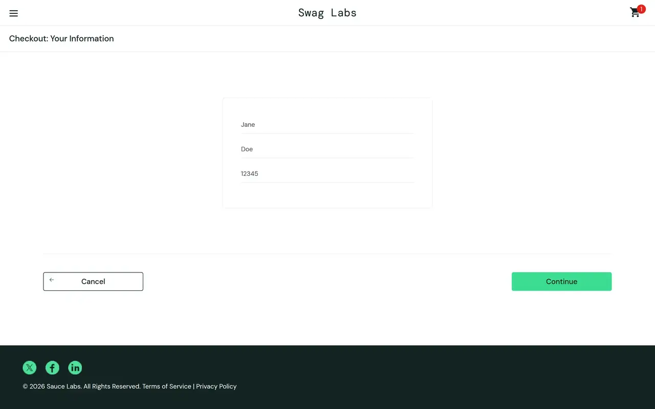 The Swag Labs checkout form, filled in with Jane, Doe and 12345, with a Continue button.