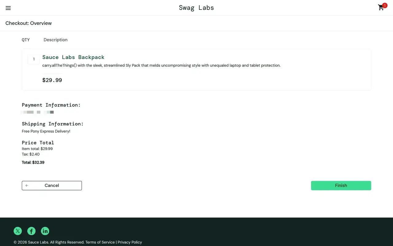 The Swag Labs checkout overview: the order, its total, and a Finish button.