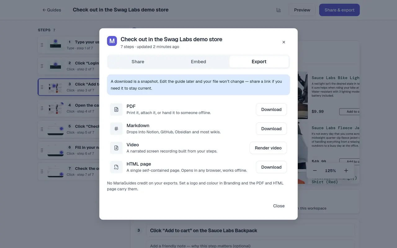 The Share & export dialog on its Export tab: PDF, Markdown, Video and HTML page, each with its own button.