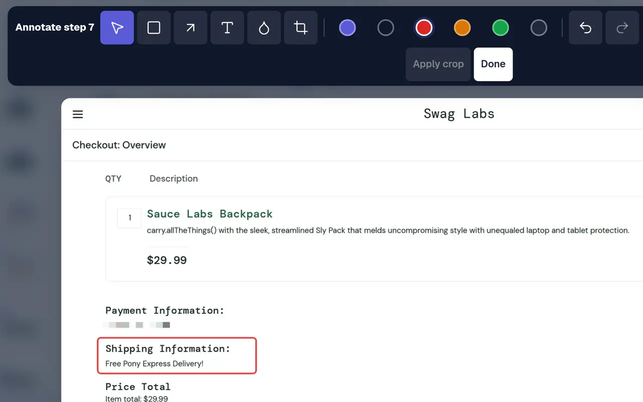 The annotation toolbar (select, rectangle, arrow, text, blur, crop and colours) over a checkout step, with a red box around “Shipping Information:”.