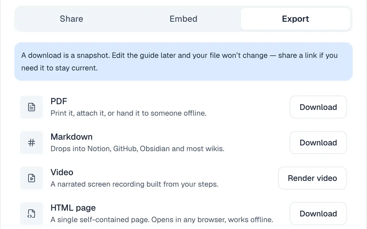 The Export tab: PDF and Markdown with Download, Video with Render video, and HTML page with Download.